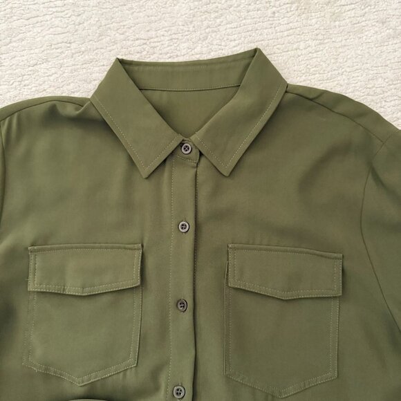 Olive Green Top Size M Button Front Long Sleeve Blouse Fall Utility Neutral - Picture 11 of 11